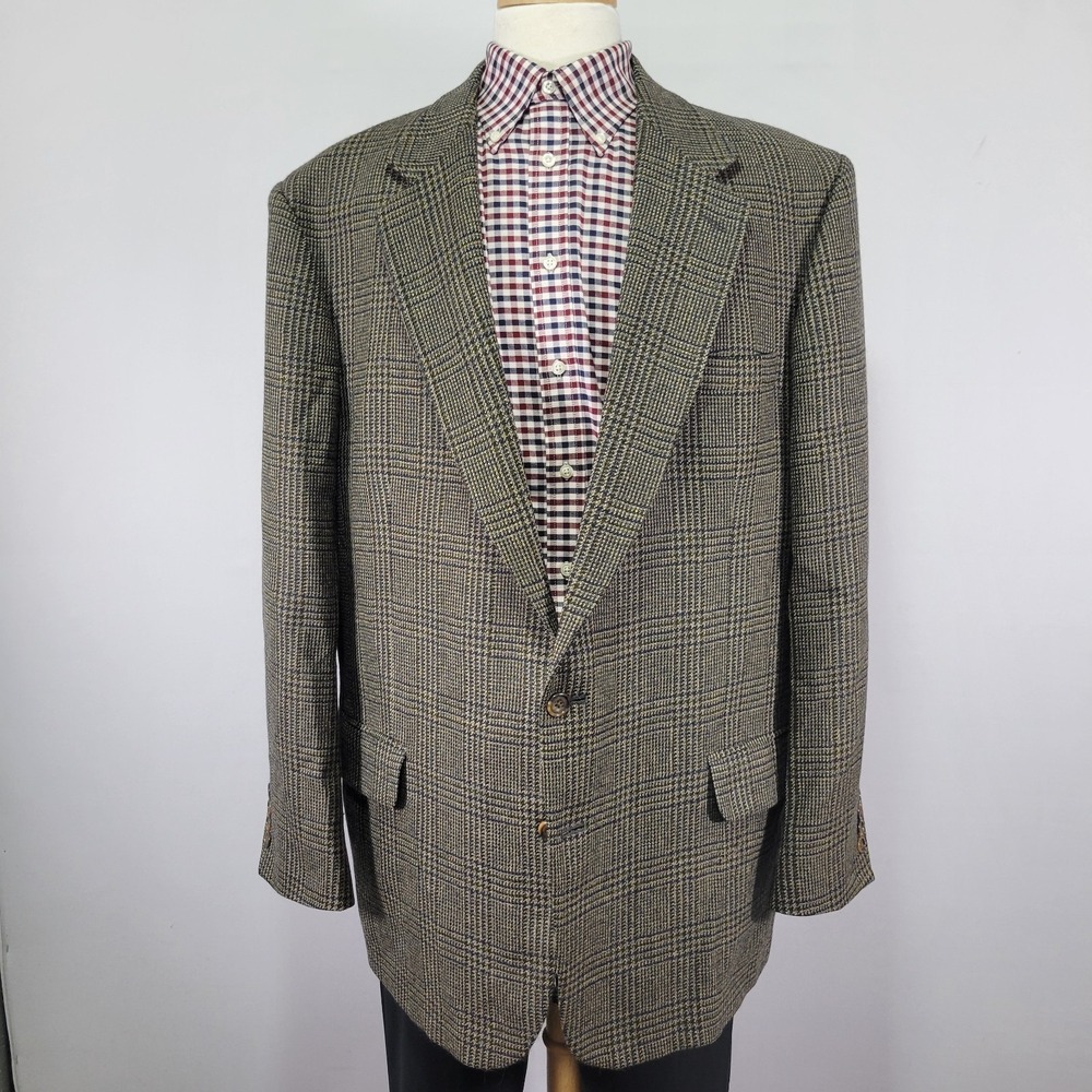 Oscar De La Renta Men's Sport Coat Blazer Two Button Brown Plaid Wool Sz 48L